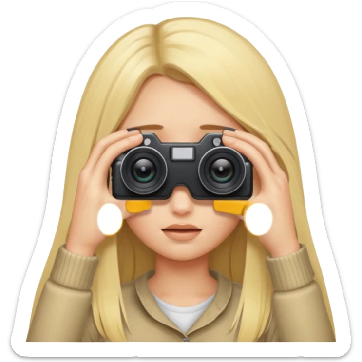 blonde cartoon girl taking picture camera in front of her face long hair over both eyes sticker