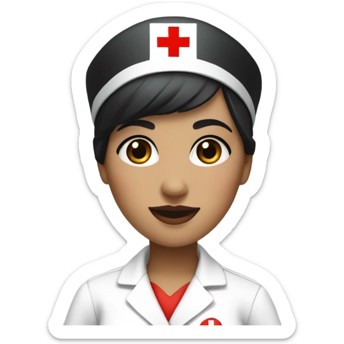pixie cut black straight hair female nurse  hat with red cross sign in the middle wearing dress
pale skin color sticker