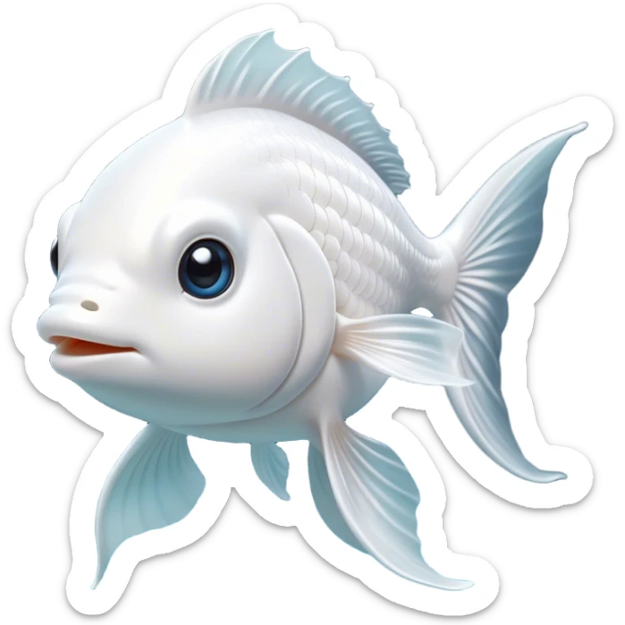 Cinematic Noble White Goldfish Portrait Emoji, Poised and regal, with a sleek, streamlined build and a luminous, pure white body, deep-set soulful pale eyes, Simplified yet sharp and sophisticated features, highly detailed, glowing with a soft, dignified glow, high shine, intelligent and graceful, stylized with an air of aquatic purity, focused and attentive, soft glowing outline, capturing the essence of a watchful and confident aquatic companion, so majestic it feels as though it could glide out of the screen with effortless authority! sticker