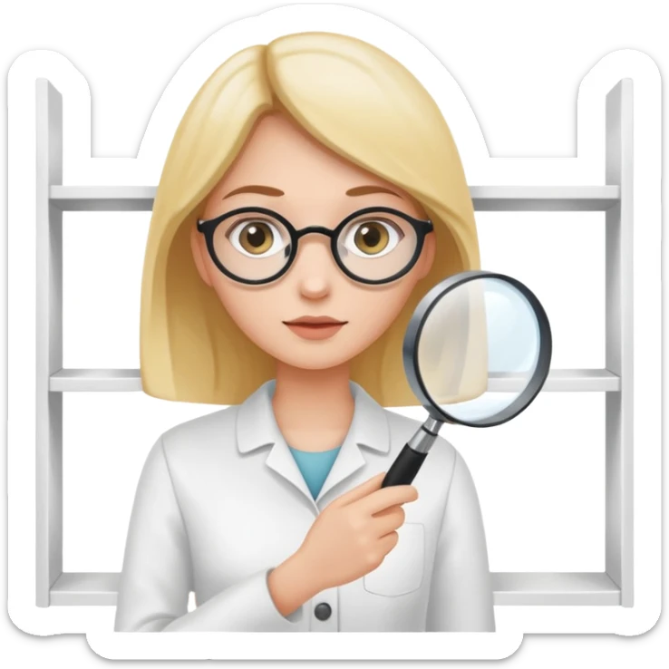 emoji of white empty shelf in perspective view with a standing woman nearby, she is looking at the shelfs with a magnifying glass sticker