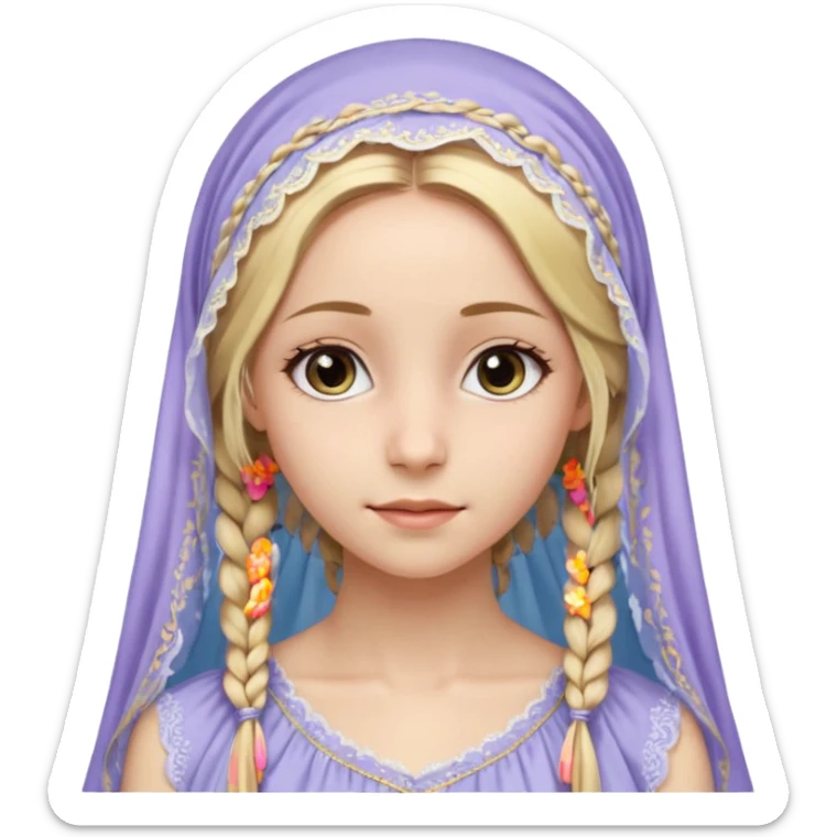 
mujer, Joven, de 25 aspecto dulce y elegante.
Piel clara, ojos grandes y expresivos, sonrisa triste.
Rubio o castaño claro, largo, con trenzas o velo.
Vestido largo cubriendole los zapatos, çde tonos suaves (blanco, azul o lavanda), con bordados dorados; toca fina cubriendo la cabeza. sticker