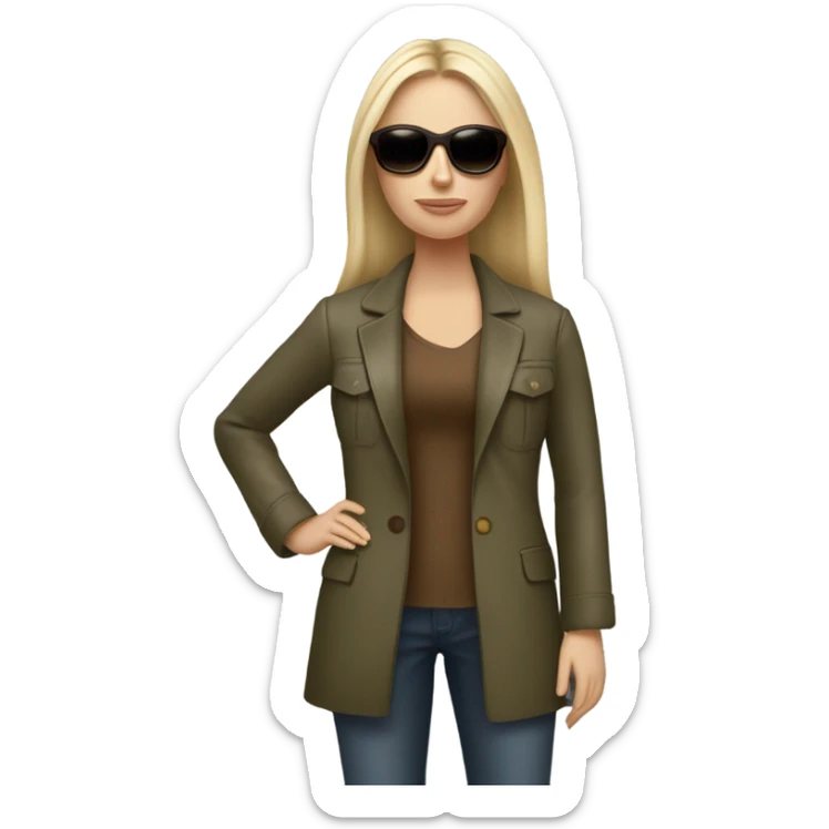 Realistic White woman with Long straight blonde hair and round sunglasses, camouflage Wool oversize blazer, bare legs and Brown leather boots  sticker