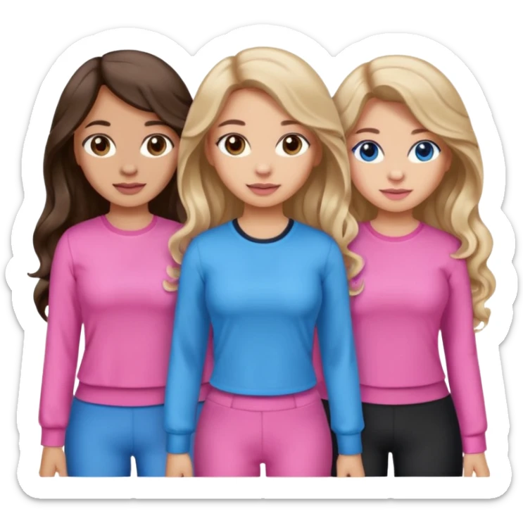 Three women, brown eyed light skin with dark blonde long hair and Brown eyed light skin black long wavy hair and blue eyed light skin long blonde hair wearing cute pink outfits sticker