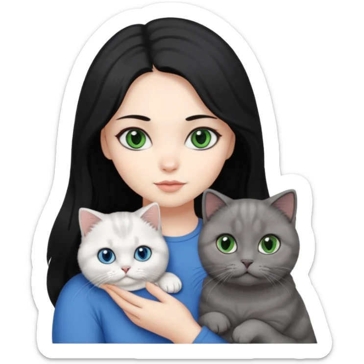 Black long hair, white skin, pretty black eyes, a woman with a gray Scottish fold green eye cat and a white blue eye cat
 sticker