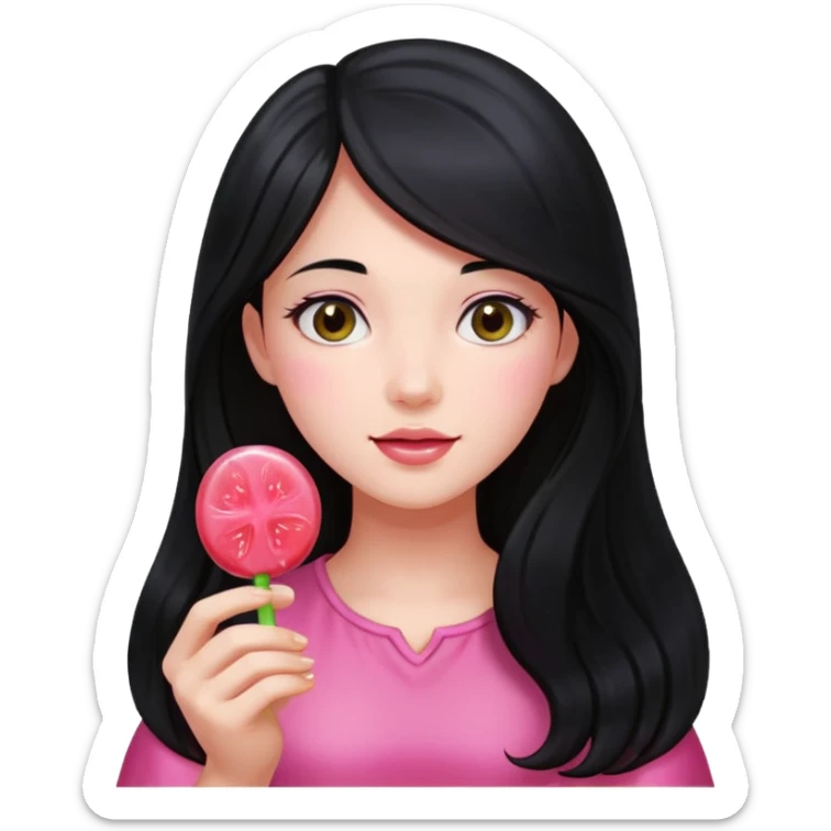 A girl with long black hair holding a piece of guava hard candy sticker