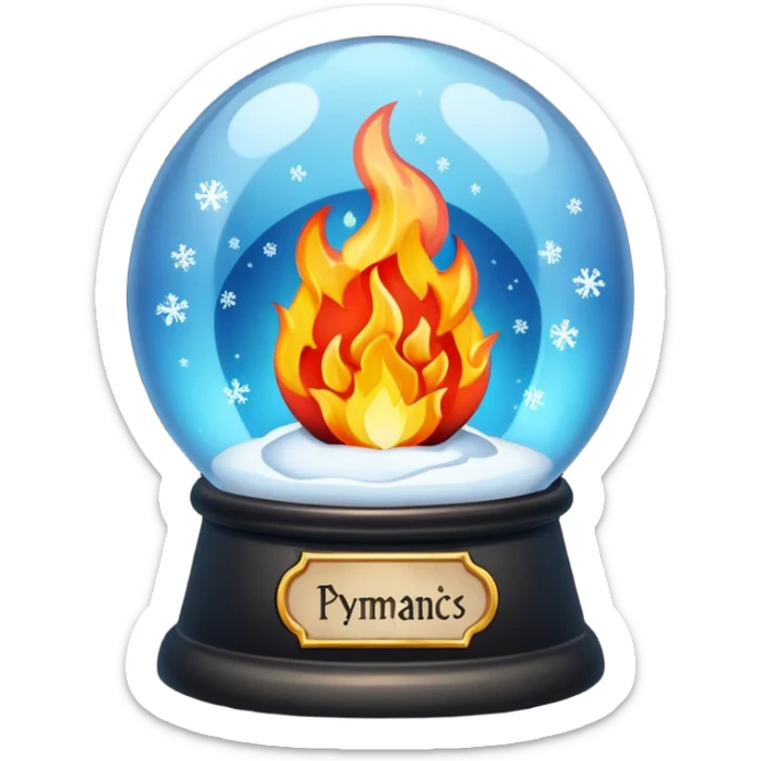 Can you make a snow globe emoji with a flame in it, gothic style, I want it to say pyromaniacs as a plaque  sticker
