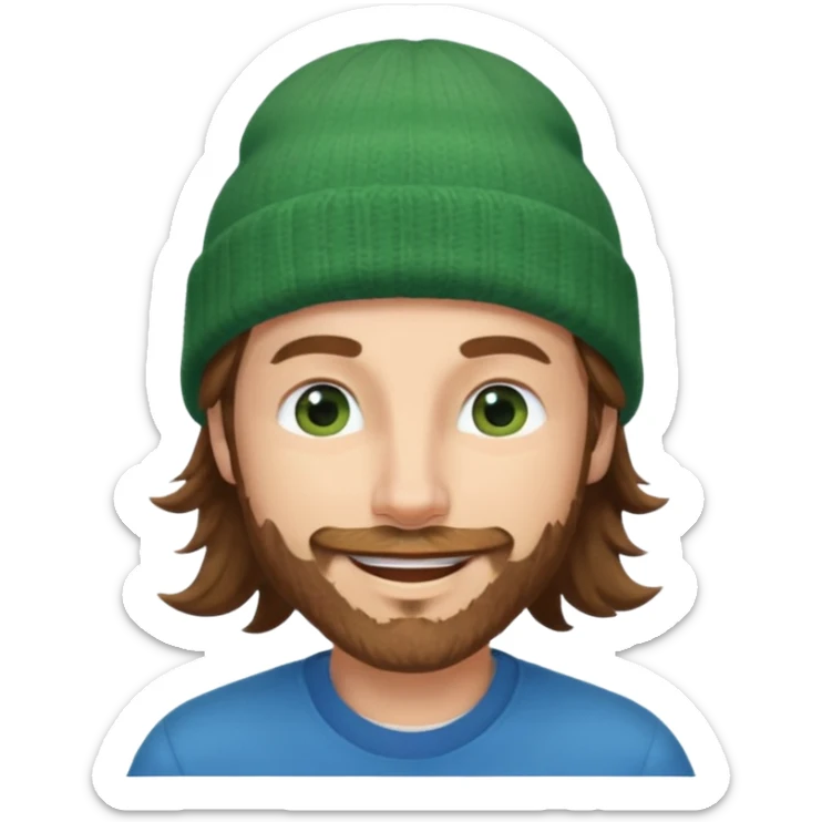 white man
aged 40,
Blue eyes, 
mid length brown wavy hair,
Green beanie hat,
Stubble
Smiling and winking sticker