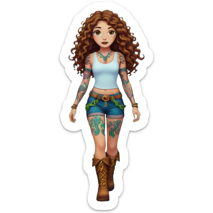 full body view of a woman with long curly brown hair, brown eyes, white skin, tattoos, walking forward through psychedelic fog, glowing vines wrapping around her boots sticker
