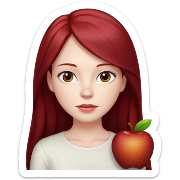 woman, pale skin, long straight dark red hair with layers, brown eyes, white top, apple emoji style sticker