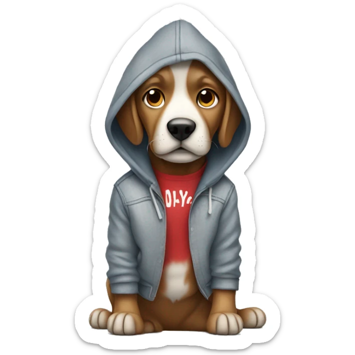 Dog wearing a hoodie gray a Jean and shoes color red sticker
