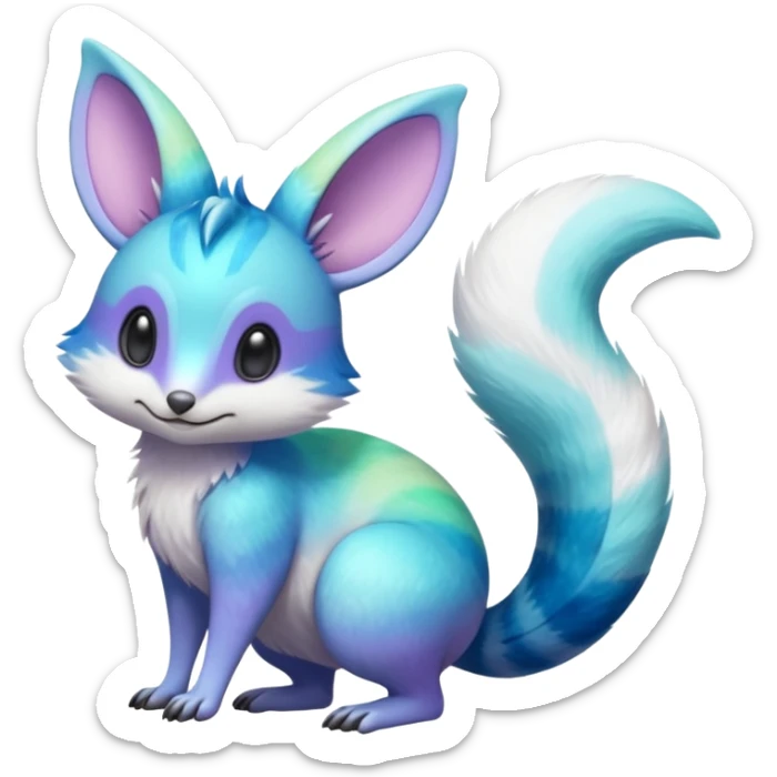 Iridescent Neon Green-Cyan-Blue-Purple-gradients Minccino-Emolga-Numbat-Sergal-fusion-hybrid-animal-creature, full body sticker