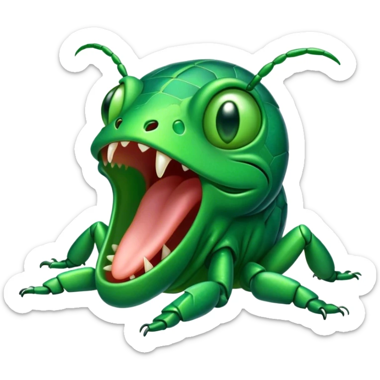 Cinematic Cute Yawning Green Bugdie Portrait Emoji, Head tilted slightly with a dramatic, wide-open yawn, showcasing a smooth, vibrant emerald exoskeleton with delicate patterns and tiny drooping antennae, round multifaceted eyes barely open in drowsy contentment, Simplified yet irresistibly adorable features, highly detailed, glowing with a soft, cozy glow, high shine, relaxed yet expressive, stylized with a touch of whimsy, bright and endearing, soft glowing outline, capturing the essence of a sleepy yet endearing insect, so drowsy it feels like it could stretch out of the screen and curl up for a nap! sticker