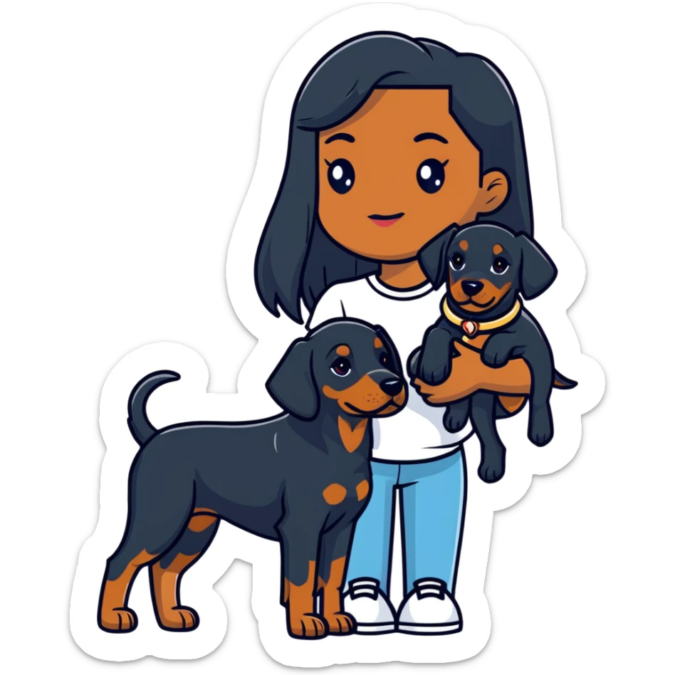 Black girl with long hair holding a Doberman dog sticker