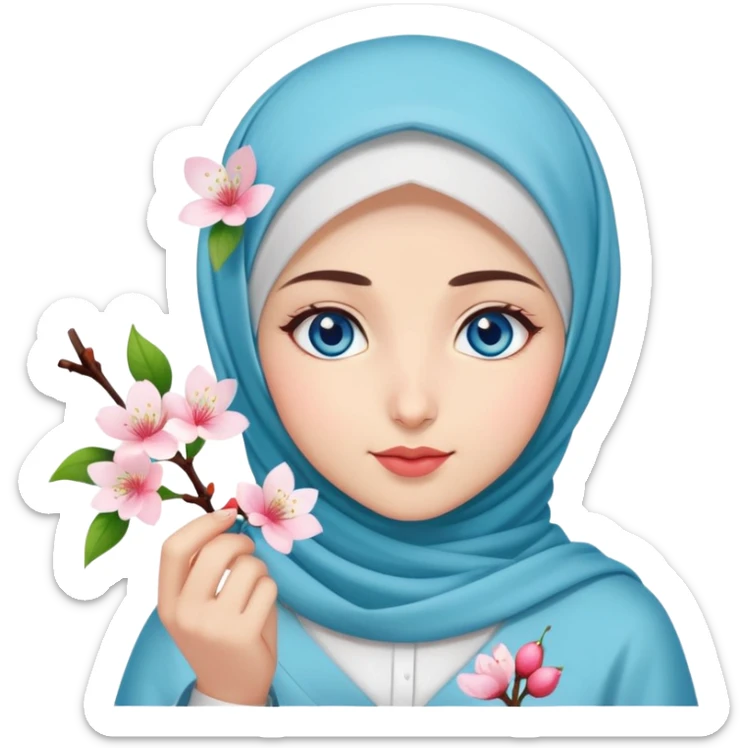 Turkish beautiful finish Konya girl blue eyes with hijab islamic dress and had on her hand cherry blossom sticker