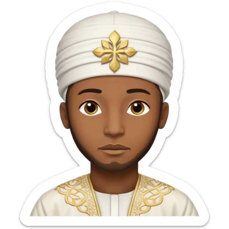 Muslim Black man of West African origin, deep brown skin, dressed in a white bazin riche with embroidery, kufi cap, standing in a warm sunset atmosphere, calm and spiritual look, photo realistic, cinematic lighting, 4K, high detail. sticker