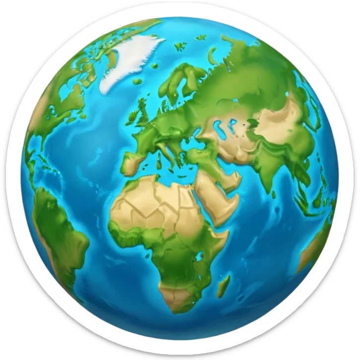 A 3D emoji in iOS emoji aesthetic style of planet Earth, showing blue oceans and green continents, soft glow effect, glossy surface, minimal white background, realistic Apple-style lighting sticker