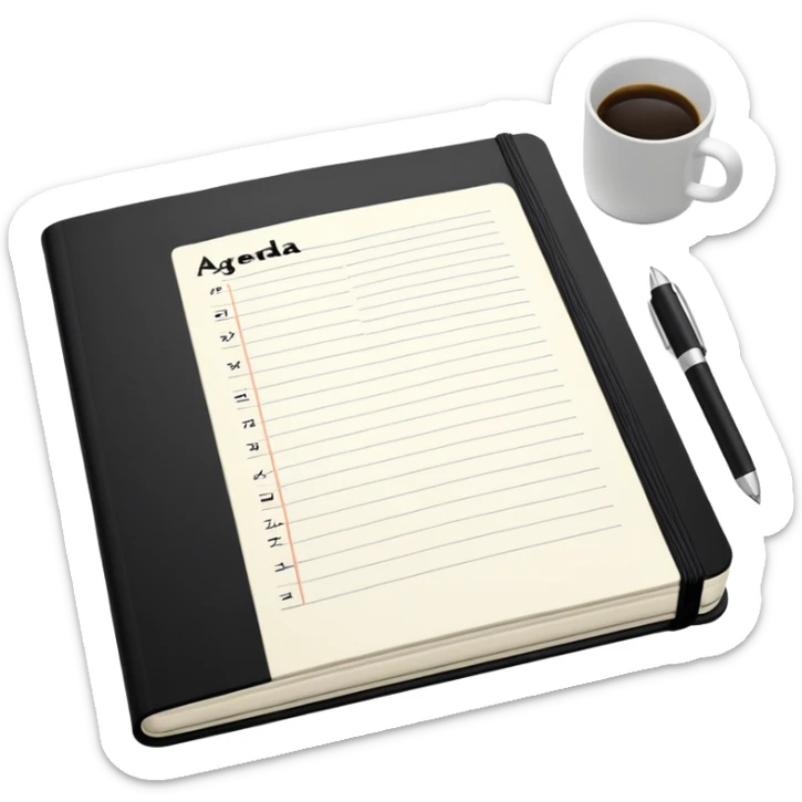 An open black Moleskine notebook with 'AGENDA' written in bold at the top of the page and meeting items with bullet points clearly visible below sticker