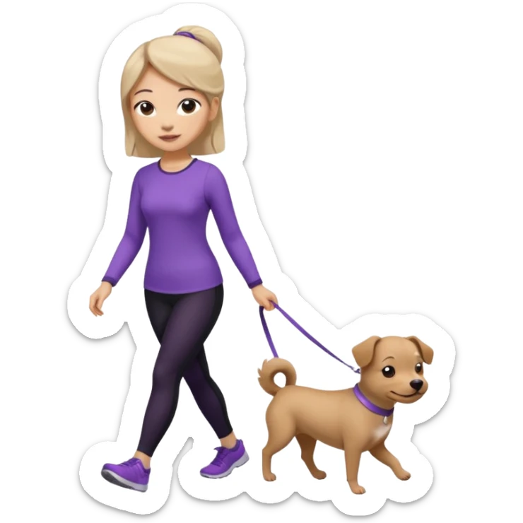 Chinese woman wearing purple top and black leggings walking 1 small brown dog sticker