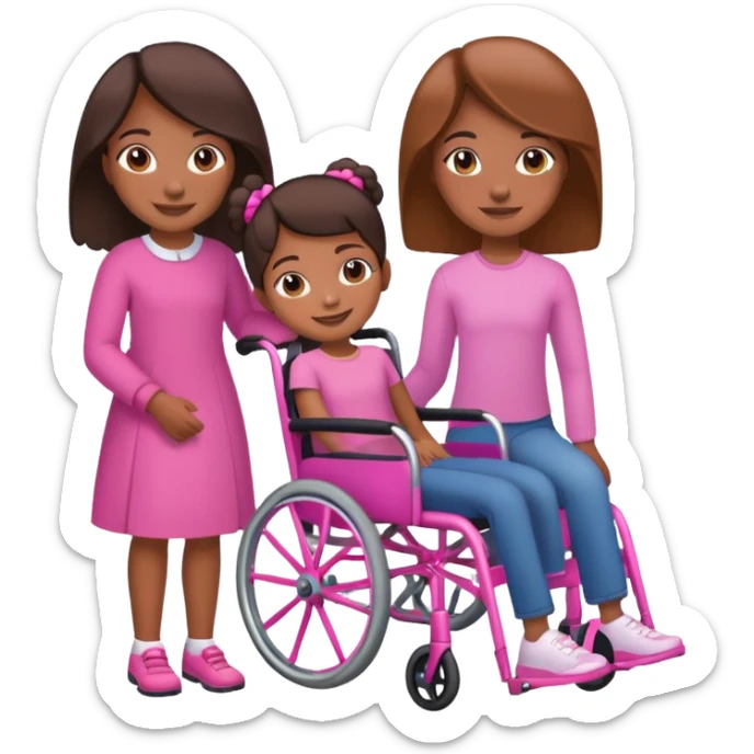 One tan skin sister standing behind her brown skin sister in a pink wheelchair sticker