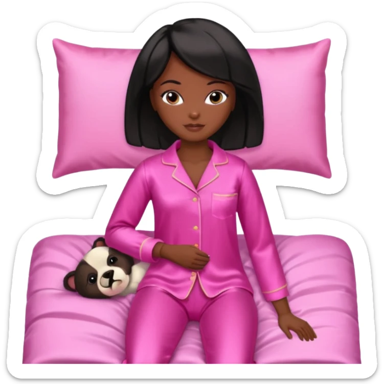 Dark skin Black barbie, short  black bob  hair, pink pajamas in bed sleeping  sticker