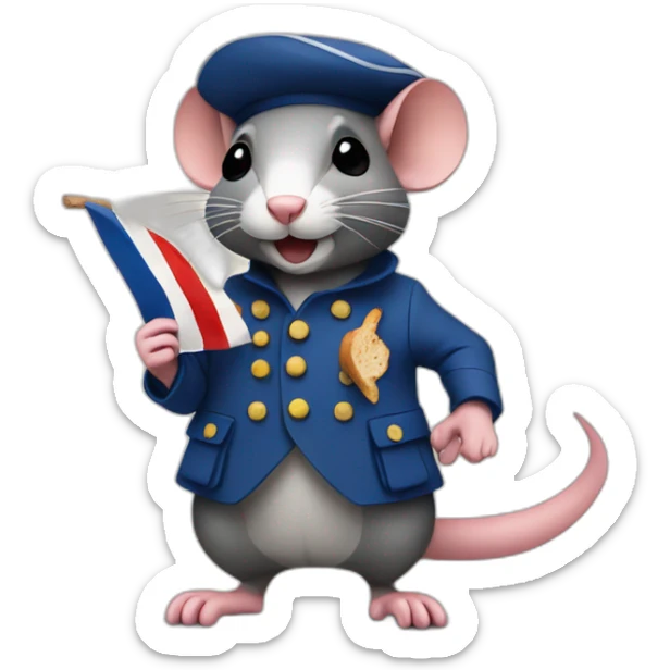 a French rat with a beret and a baguette who makes a revolution with a French flag sticker
