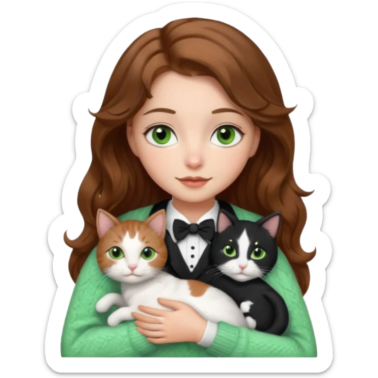 A pretty white girl with hazel brown eyes and brown wavy hair in a cosy white knit sweater, hugging a black and whitebtuxedo cat with green eyes sticker
