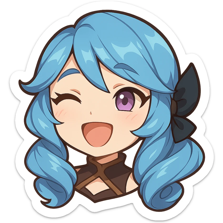 chibi emote of Gwen from League of Legends, only the head, right eye purple, borderless, laughing expression sticker