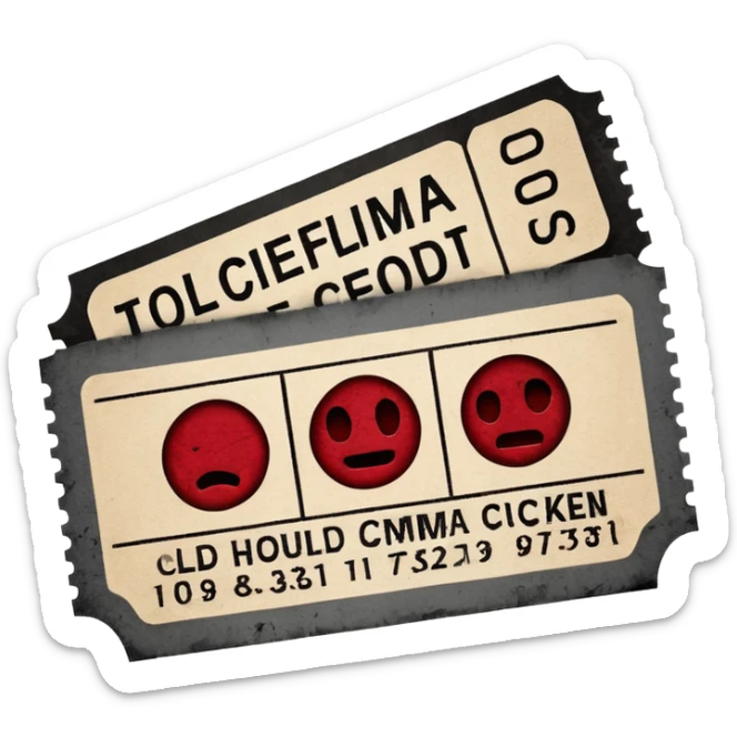 Minimalist emoji-style sticker of an old torn cinema ticket, blood-stained edges and burn holes, grayscale paper

 sticker