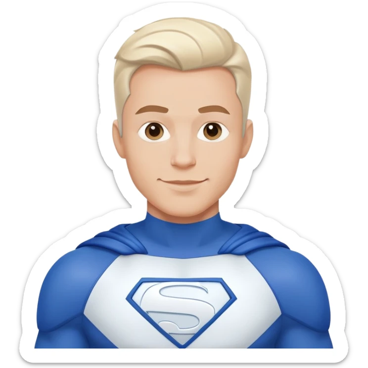 Emoji of a friendly, clean-shaven man in a blue and white superhero suit. The suit features a large blank area on the chest for a logo, uses only blue and white colors, and has minimal details. The man has a cheerful expression. Minimalist style sticker