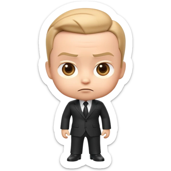 "Create a 3D emoji of Big Boss Baby with his sharp suit, slicked-back hair, and a confident, serious expression. Make it vibrant and playful, capturing his business-savvy attitude in a fun, exaggerated way!" sticker