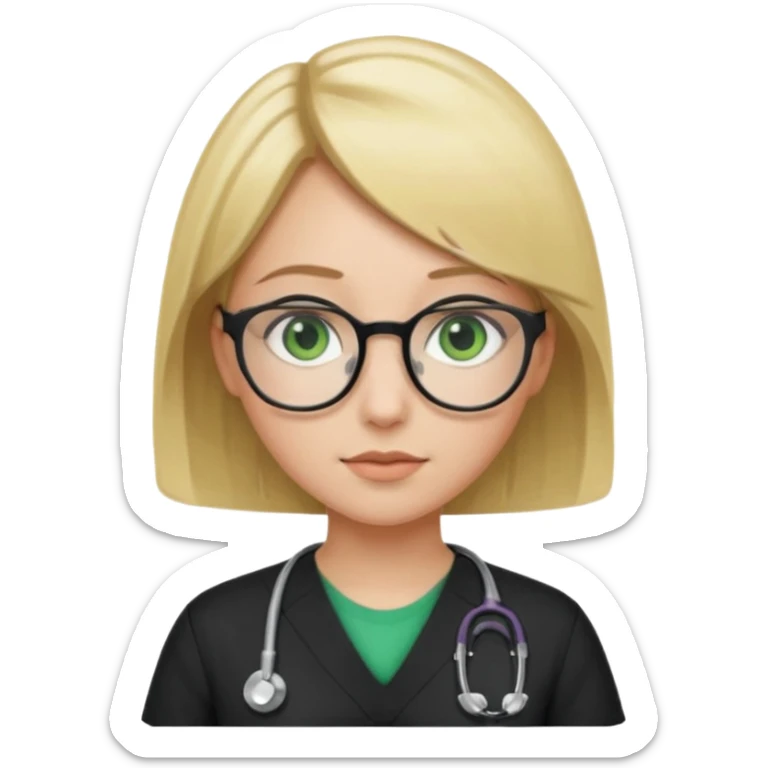 A girl in black scrubs with a blonde bob and glasses no stethoscope green eyes sticker