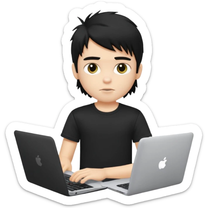 generate a pretty fair bratz boy with a messy mullet (black hair), wearing a black tshirt. Using his laptop sticker