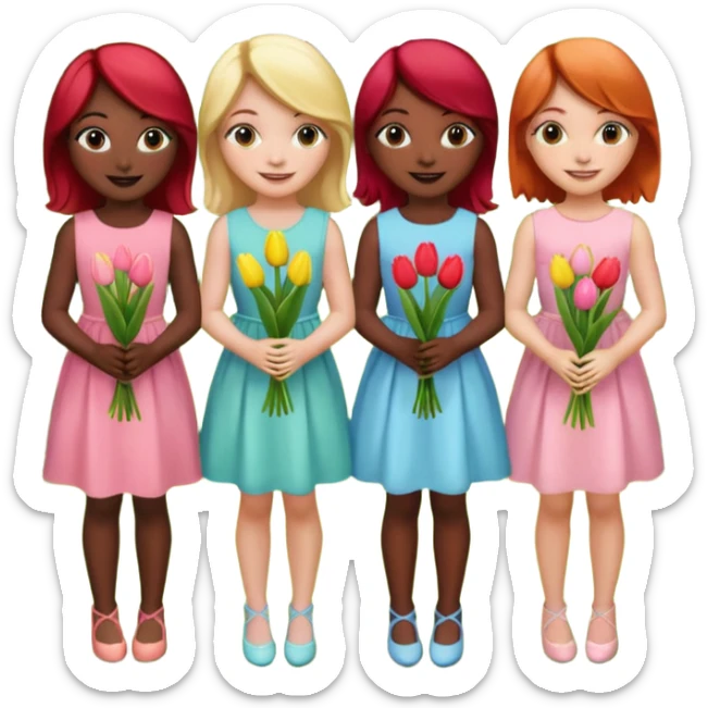 girls at a garden party wearing pastel dresses and holding tulips, one is black, one is blond, one has brown hair, one has red hair sticker