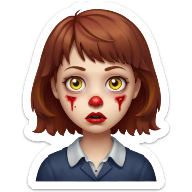 FAÇA UMA PERSONAGEM FOFA COM NARIZ DE BOLINHA AVERMELHADO CLARO E ZUMBI CABELO MARRON ONDULADO E FRANJA CURTA   COMO SE NÃO SOUBESSE OQ FEZ LÁBIOS CLAROS FECHADOS E OLHOS AMARELOS sticker