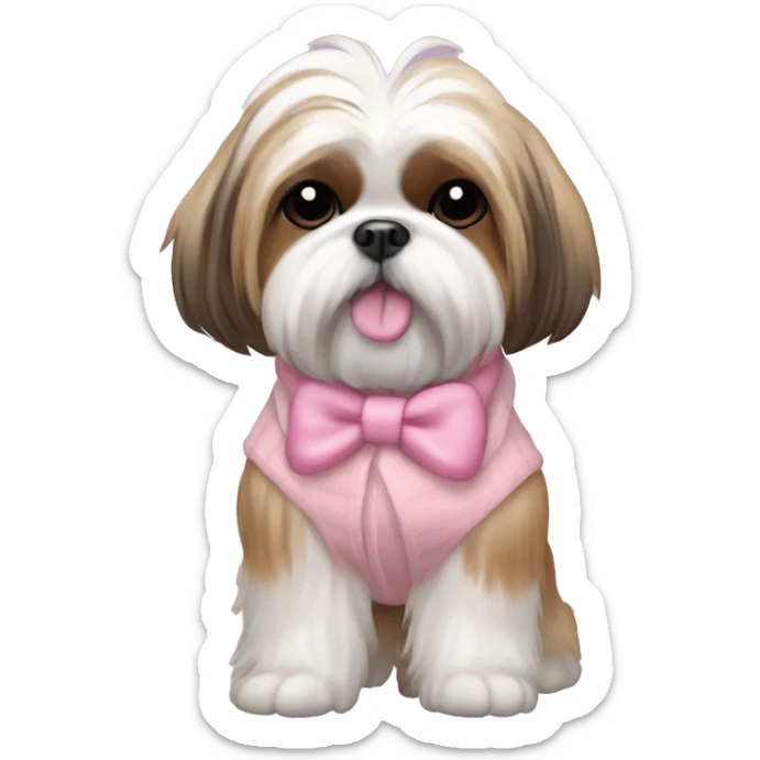 Shih tzu with tan and white fur with ponytail on top of head in pink bow and pink sweater sticker