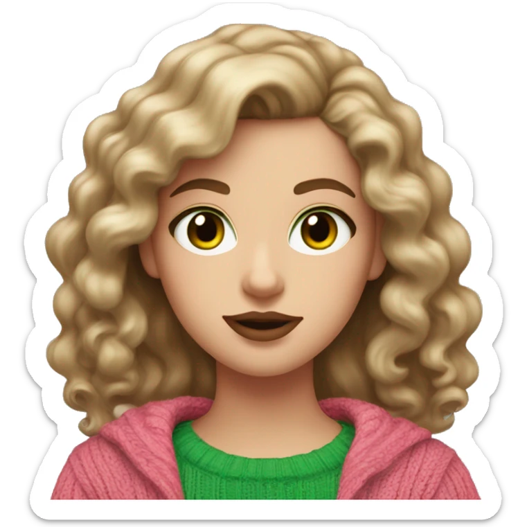 White girl with brown long curled hair and green eyes and a pink sweater with big red lips  sticker