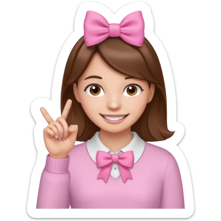 Chica con pelo marron sonriendo con un lazo rosa en la cabeza y con la punta del dedo indice entre los dientes con delicadeza y la otra mano que no salga en el emoji sticker