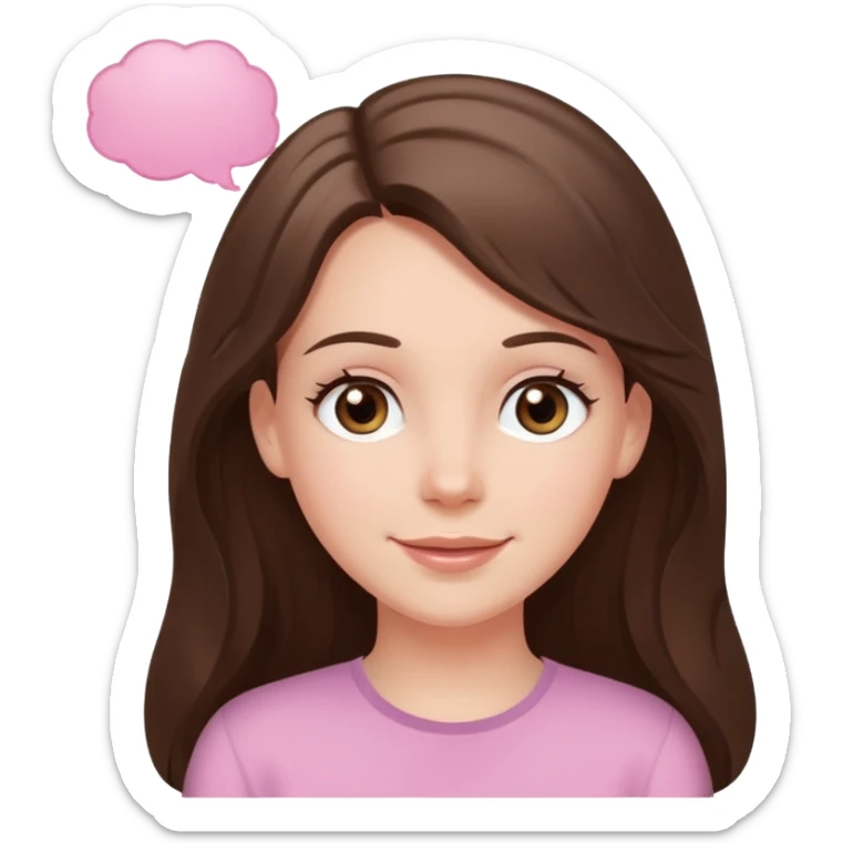 happy white long brunette hair girl with hazel eyes in light pink with a thought bubble sticker