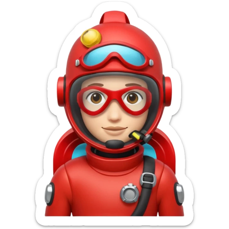 3D cartoon-style human character in the Apple emoji style, wearing a red scuba diving helmet with glass visor sticker