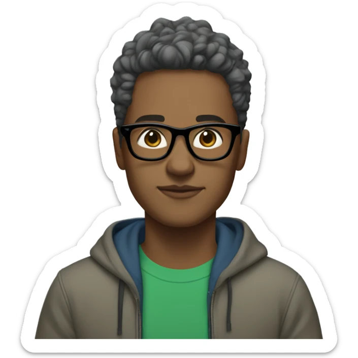 Light Brown skin, black socks, grey pants, green hoodie, blue glasses, Mersey hair sticker