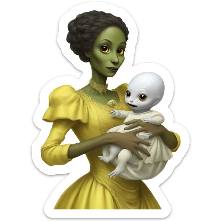  Reptilian alien woman , full body, in victorian jellow elegant dress , holds a newborn white humman baby sticker