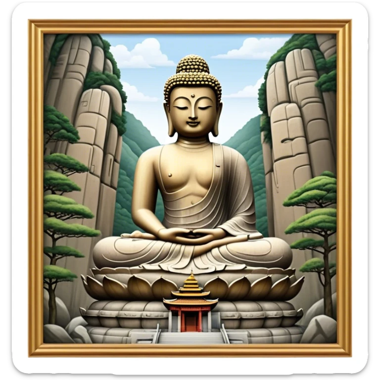 Cinematic Realistic image of the Big Buddha Monument of Sinheungsa Temple, portrayed as a towering, serene Buddha statue carved from weathered stone with intricate details and a gentle meditative expression, set within an ancient temple landscape enveloped in soft, ethereal lighting that underscores its spiritual majesty. sticker