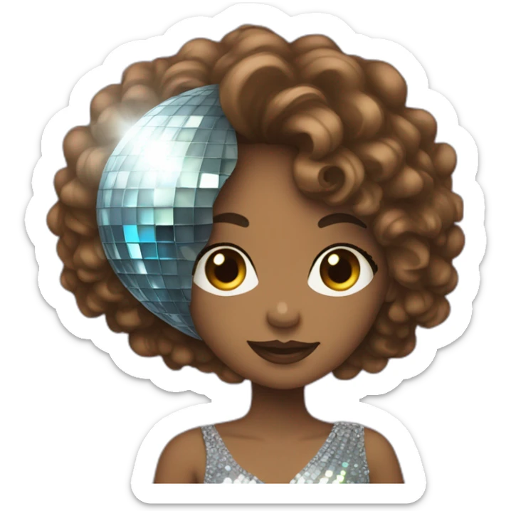 female with brown wavy hair dressed in a party dress and disco ball sticker