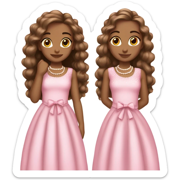 two teenage Latina twins. pink. Long hair. Pink bows. Pearls. Light pink. Diamonds dress. sticker