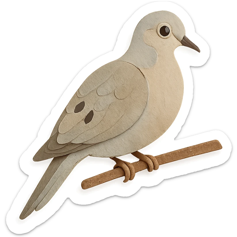 mourning dove on a branch, layered paper details, pale gray and tan plumage, delicate pose, expressive eye sticker
