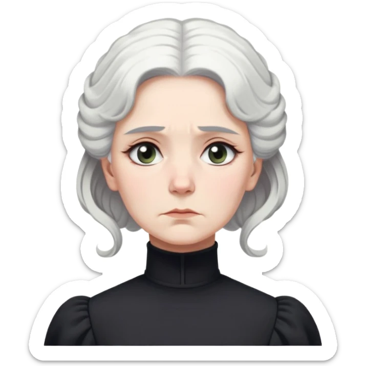 A Victorian woman with simple coiffed white hair and light eyes wearing a simple monochrome black turtleneck mourning dress with puffed sleeves looking down with a forlorn, miserable expression sticker