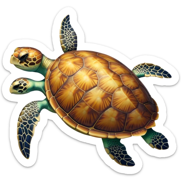 Cinematic Noble Sea Turtle Portrait Emoji, Poised and wise, with a majestic, domed shell adorned with rich, textured patterns and a smooth, ancient body gliding gracefully through the water, deep, reflective eyes exuding calm wisdom, Simplified yet sharp and sophisticated features, highly detailed, glowing with a soft, oceanic glow, high shine, intelligent and graceful, stylized with an air of timeless marine majesty, focused and serene, soft glowing outline, capturing the essence of a watchful and confident sea guardian that appears ready to glide out of the screen with effortless authority! sticker