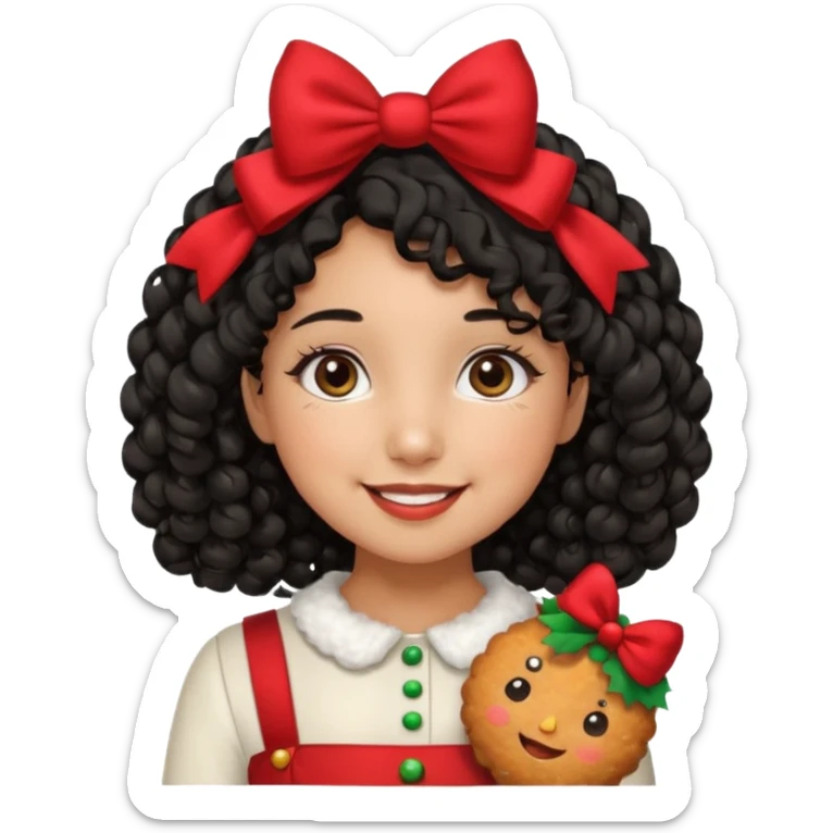 cute girl tan skin, curly black hair chin length, middle part, long eyelashes, cute cheeks, 5'2, outfit croquette style with bows and christmas theme, smiling,  no bangs sticker