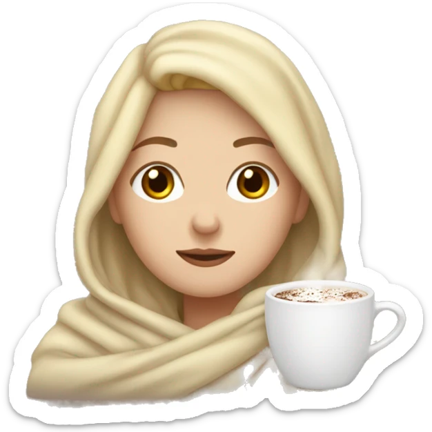 White girl with blonde hair wrapped in a blanket over a cup of hot chocolate sticker