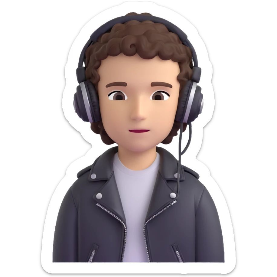 curly haired boy wearing a leather jacket and headphones music producer sticker